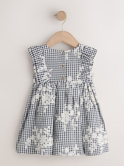 Black/White Gingham Embroidered Frill Sleeve Dress (3mths-8yrs)