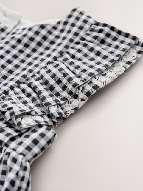 Black/White Gingham Embroidered Frill Sleeve Dress (3mths-8yrs)