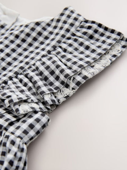 Black/White Gingham Embroidered Frill Sleeve Dress (3mths-8yrs)
