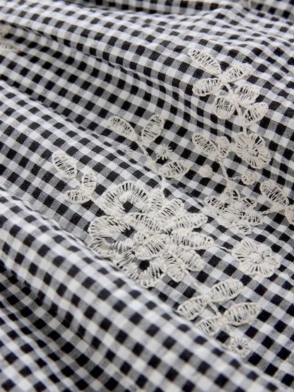 Black/White Gingham Embroidered Frill Sleeve Dress (3mths-8yrs)