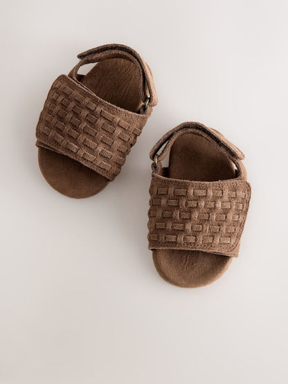 Tan Brown Woven Suede Touch Fastening Baby Sandals (0-2mths)