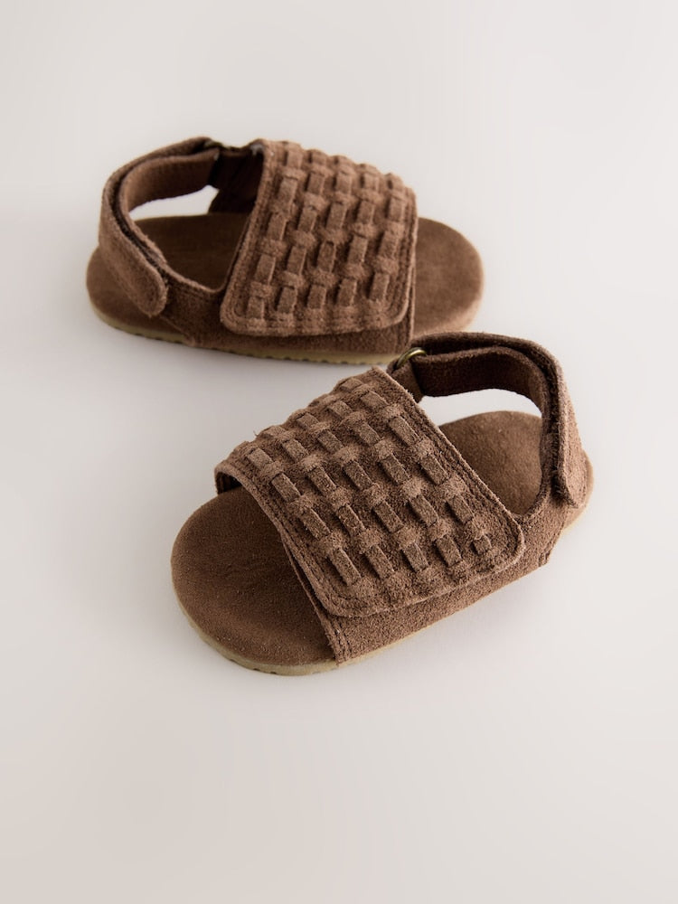 Tan Brown Woven Suede Touch Fastening Baby Sandals (0-2mths) - Size Up To 3 Months (50 - 62cm)