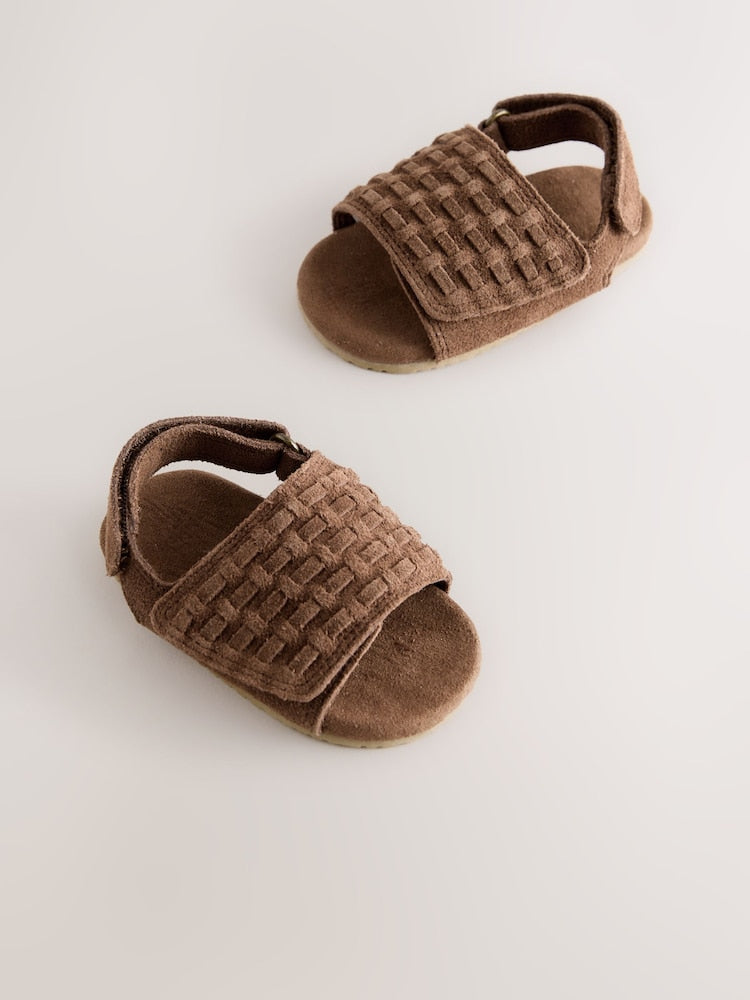 Tan Brown Woven Suede Touch Fastening Baby Sandals (0-2mths) - Size Up To 3 Months (50 - 62cm)