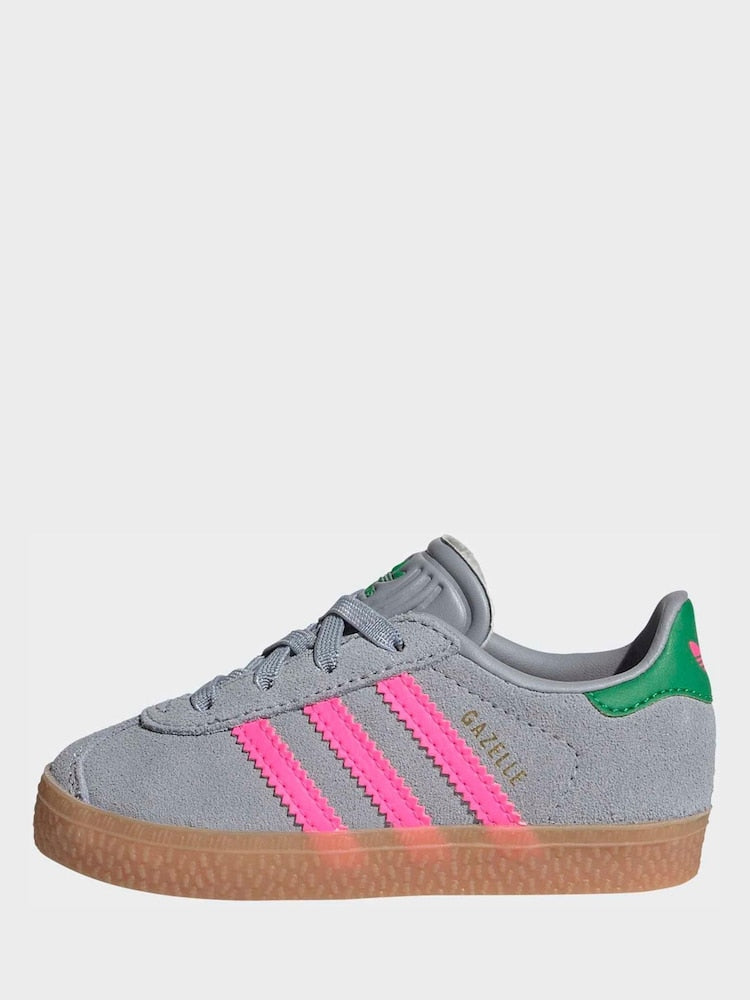 adidas Originals Grey/Pink Gazelle Comfort Closure Elastic Laces Infant Trainers