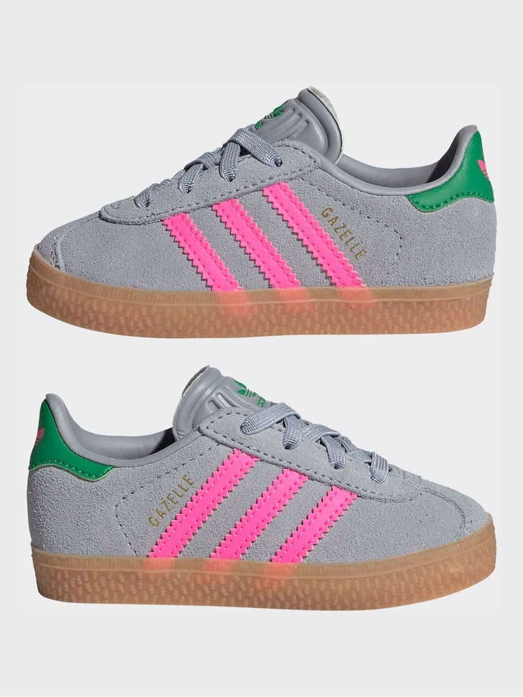 adidas Originals Grey/Pink Gazelle Comfort Closure Elastic Laces Infant Trainers