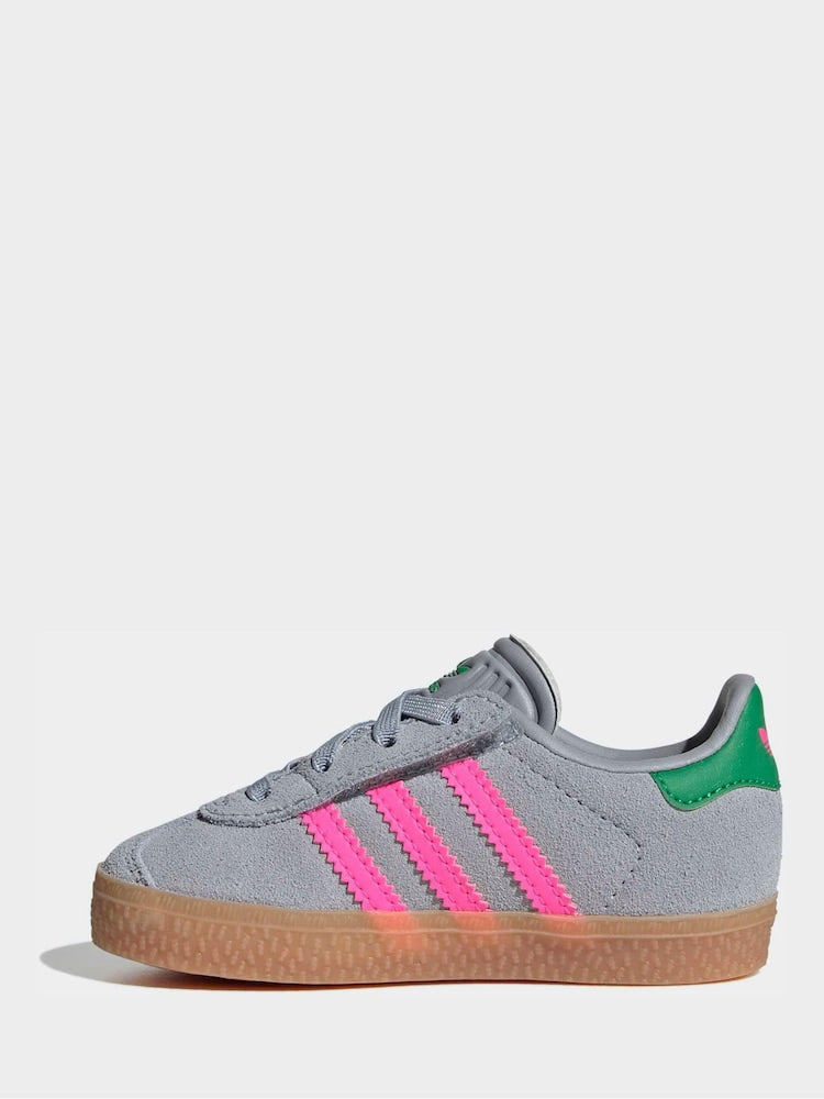 adidas Originals Grey/Pink Gazelle Comfort Closure Elastic Laces Infant Trainers