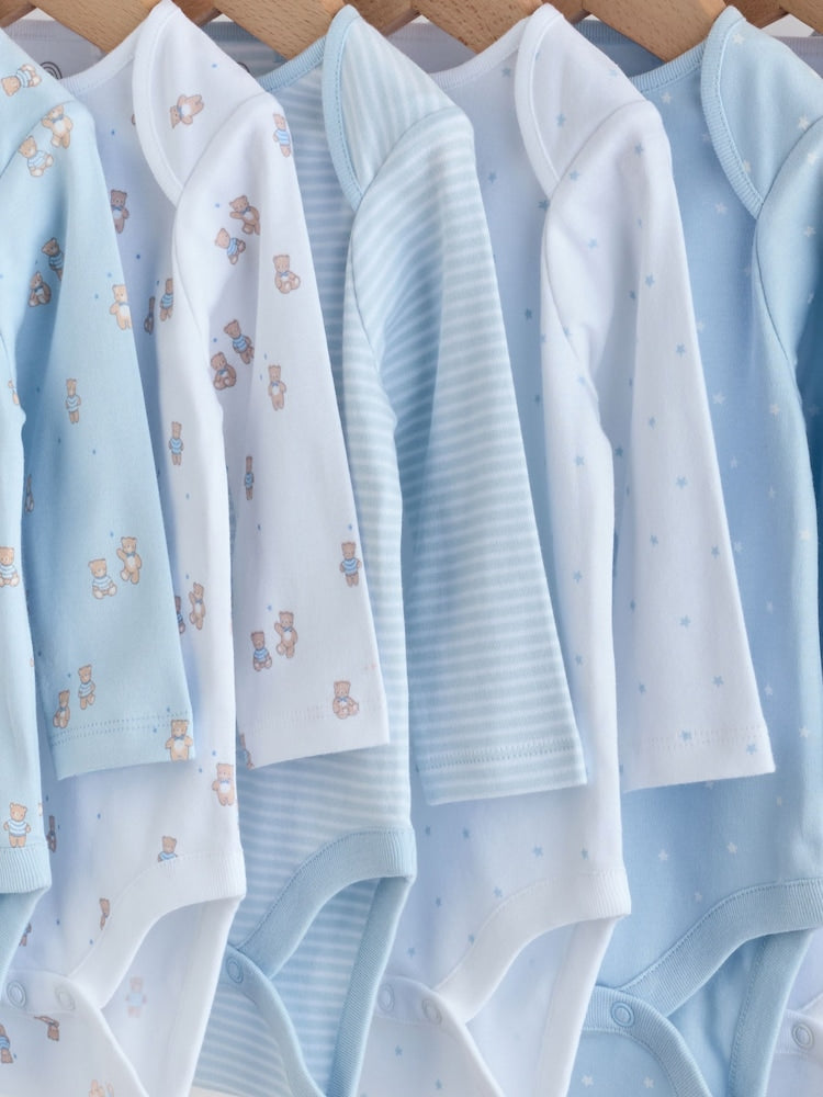 Blue 7 Pack Long Sleeved Baby Bear Bodysuit