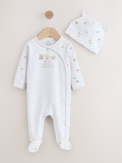 White Born in 2026 Baby Sleepsuit &amp; Hat Set (0-9mths)
