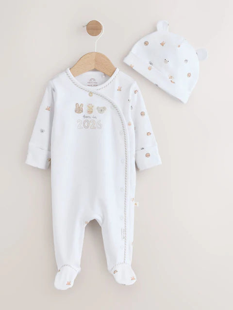 White Born in 2026 Baby Sleepsuit &amp; Hat Set (0-9mths)