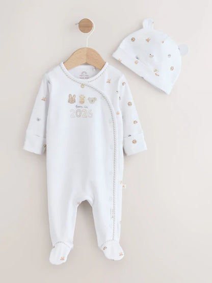 White Born in 2026 Baby Sleepsuit &amp; Hat Set (0-9mths)