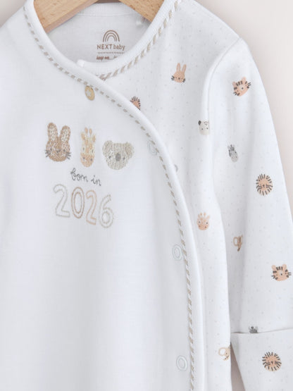 White Born in 2026 Baby Sleepsuit &amp; Hat Set (0-9mths)