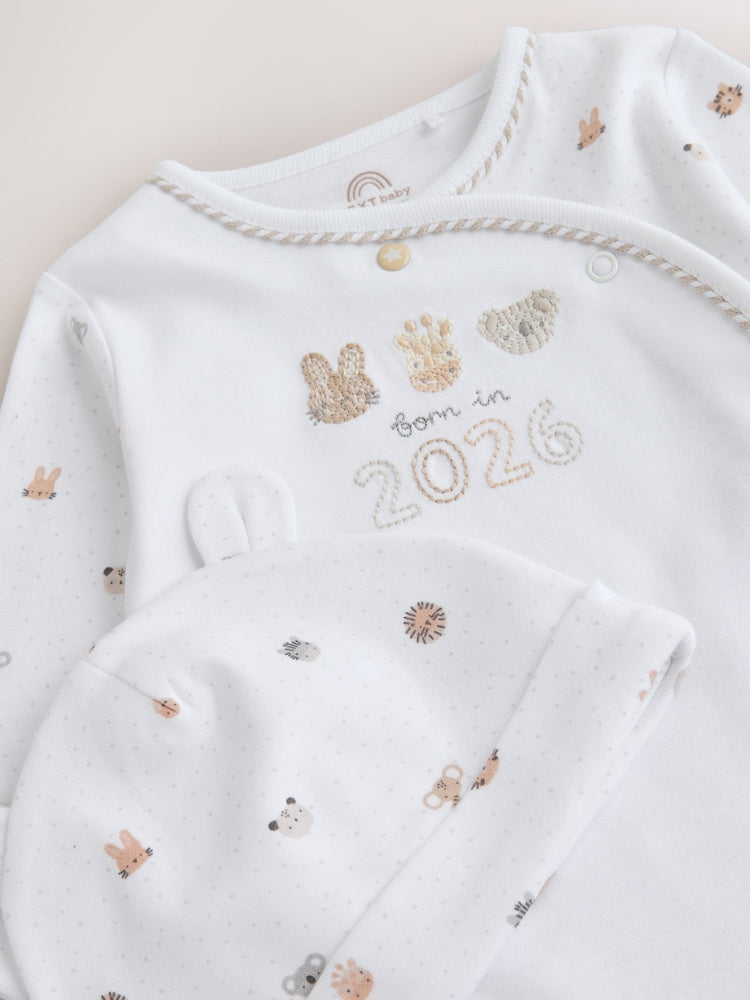 White Born in 2026 Baby Sleepsuit &amp; Hat Set (0-9mths)