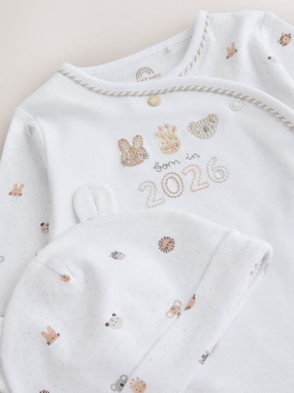 White Born in 2026 Baby Sleepsuit &amp; Hat Set (0-9mths)