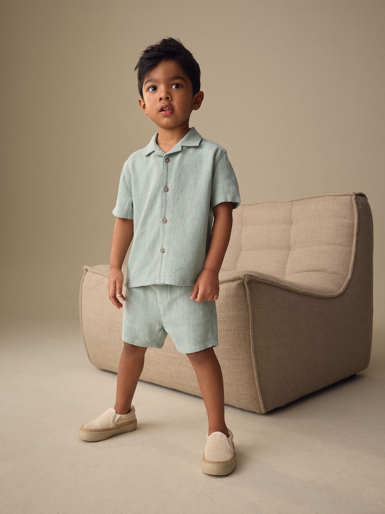 Light Green Short Sleeve Revere Collar Shirt &amp; Shorts Set (3mths-10yrs) - Light Green / 12-18 Months (80-86cm)