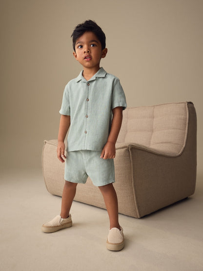 Light Green Short Sleeve Revere Collar Shirt &amp; Shorts Set (3mths-10yrs) - Light Green / 12-18 Months (80-86cm)