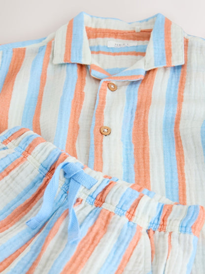 Blue/Orange Stripe Short Sleeve Double Cloth Shirt &amp; Shorts Set (3mths-10yrs)