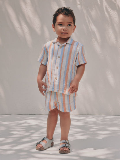 Blue/Orange Stripe Short Sleeve Double Cloth Shirt &amp; Shorts Set (3mths-10yrs)