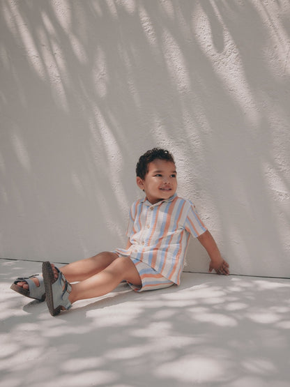 Blue/Orange Stripe Short Sleeve Double Cloth Shirt &amp; Shorts Set (3mths-10yrs)