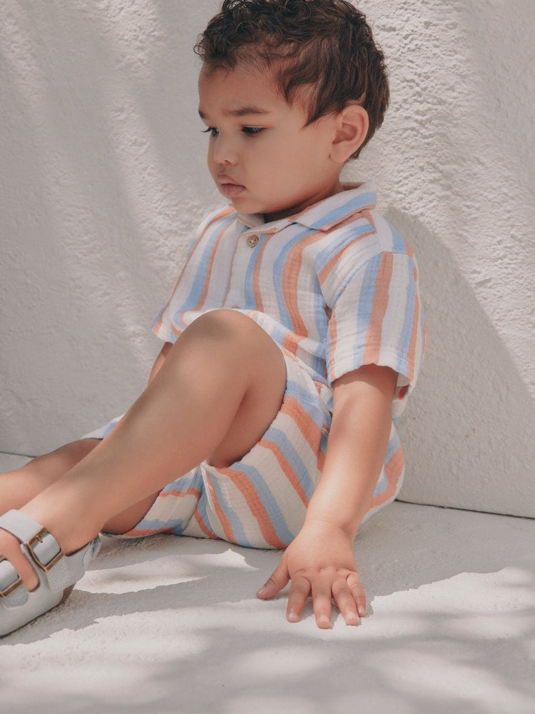 Blue/Orange Stripe Short Sleeve Double Cloth Shirt &amp; Shorts Set (3mths-10yrs)