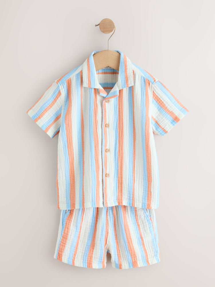 Blue/Orange Stripe Short Sleeve Double Cloth Shirt &amp; Shorts Set (3mths-10yrs)
