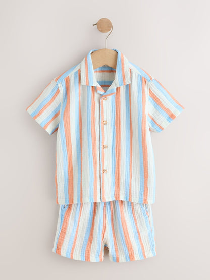 Blue/Orange Stripe Short Sleeve Double Cloth Shirt &amp; Shorts Set (3mths-10yrs)