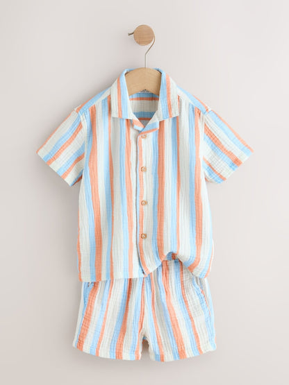 Blue/Orange Stripe Short Sleeve Double Cloth Shirt &amp; Shorts Set (3mths-10yrs)