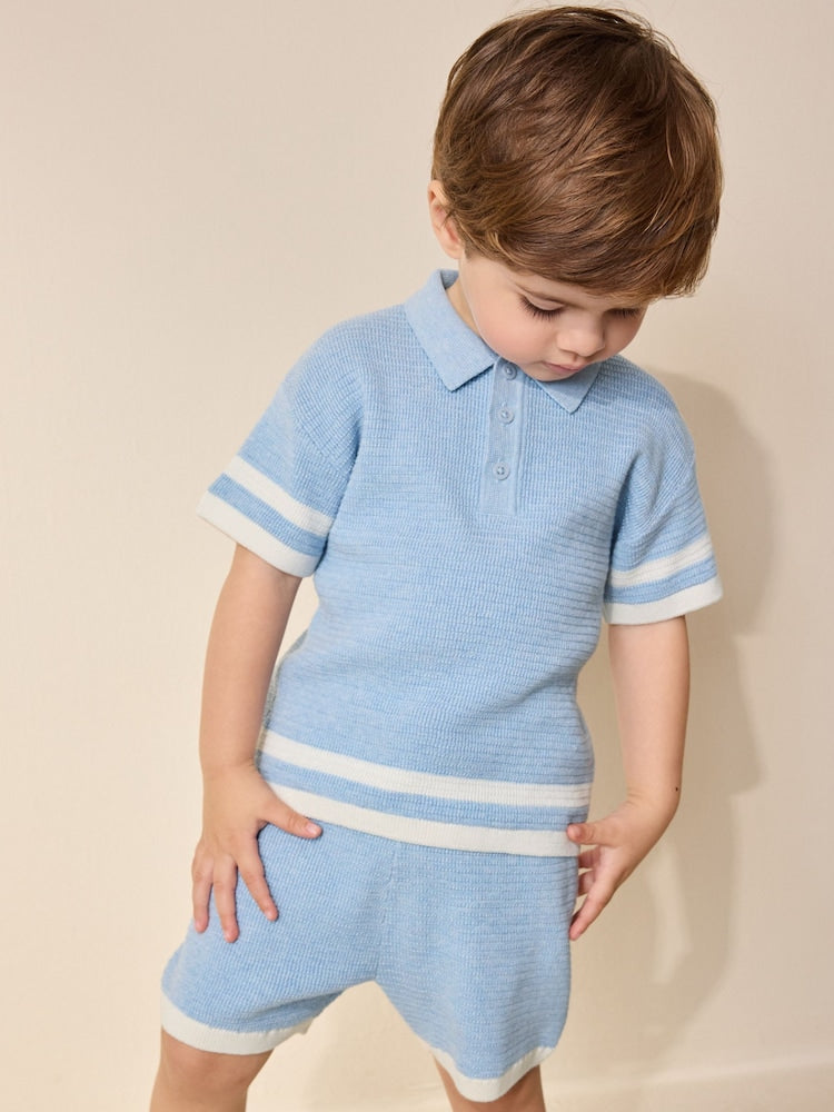 Blue Knitted Button Neck Polo Shirt and Shorts Set (3mths-10yrs) - Blue Knitted Button Neck Polo / 12-18 Months (80-86cm)