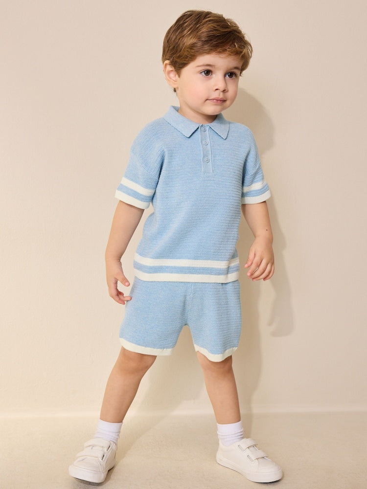 Blue Knitted Button Neck Polo Shirt and Shorts Set (3mths-10yrs)