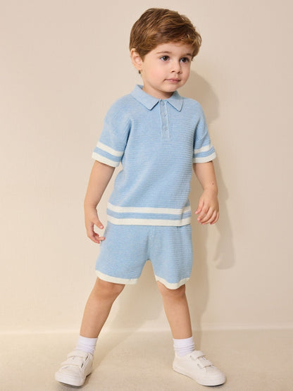 Blue Knitted Button Neck Polo Shirt and Shorts Set (3mths-10yrs)