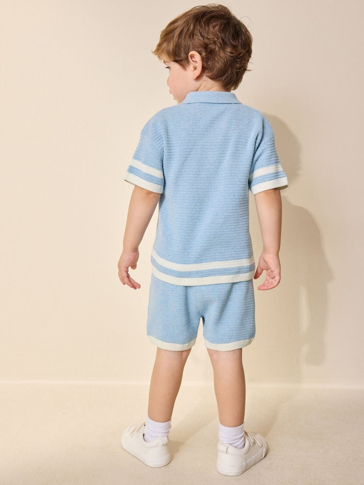 Blue Knitted Button Neck Polo Shirt and Shorts Set (3mths-10yrs)
