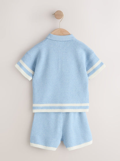 Blue Knitted Button Neck Polo Shirt and Shorts Set (3mths-10yrs)