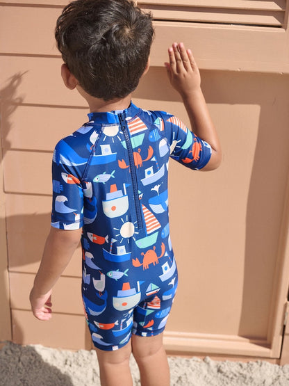 Navy Nautical Sunsafe All-In-One Swimsuit (3mths-7yrs) - Size 3-6 Months (62-68cm)