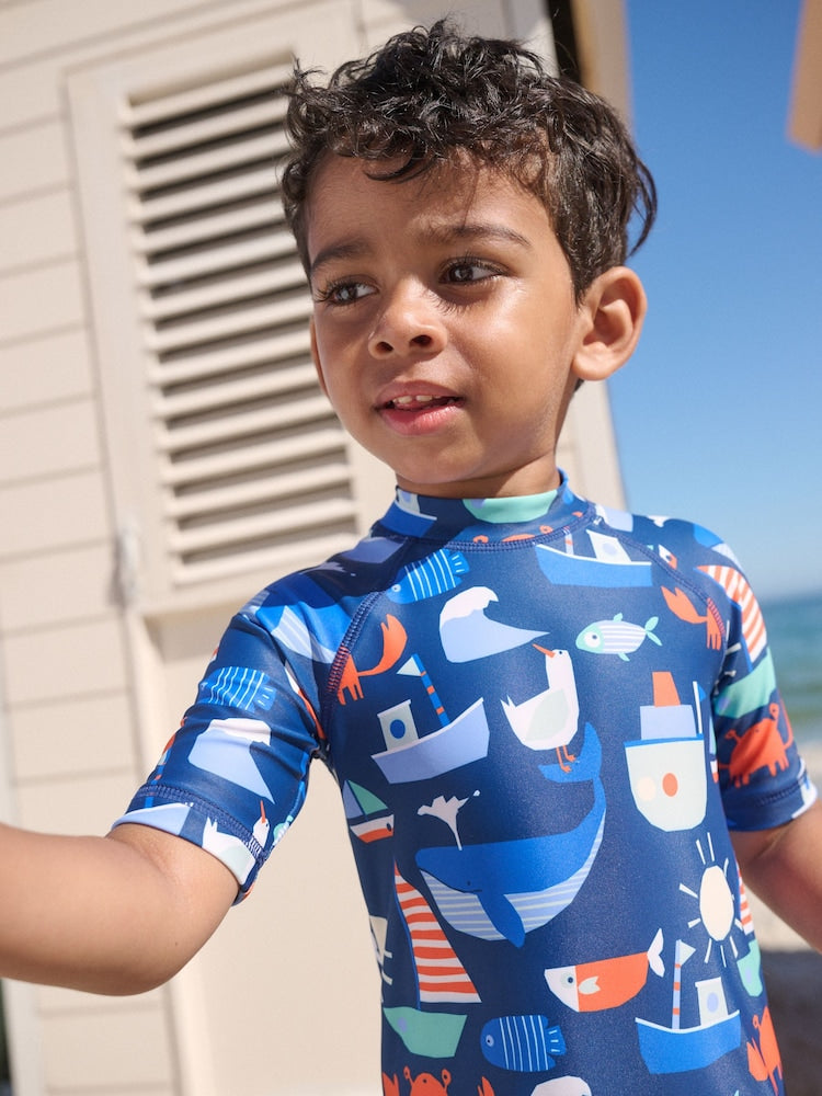 Navy Nautical Sunsafe All-In-One Swimsuit (3mths-7yrs) - Size 3-6 Months (62-68cm)