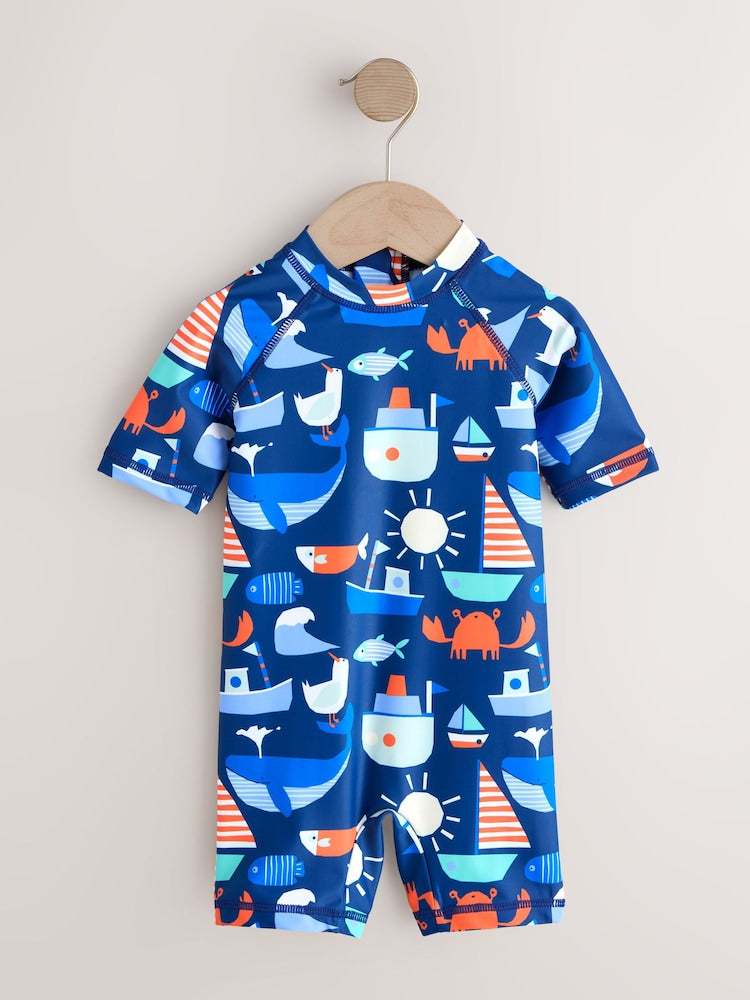 Navy Nautical Sunsafe All-In-One Swimsuit (3mths-7yrs) - Size 3-6 Months (62-68cm)