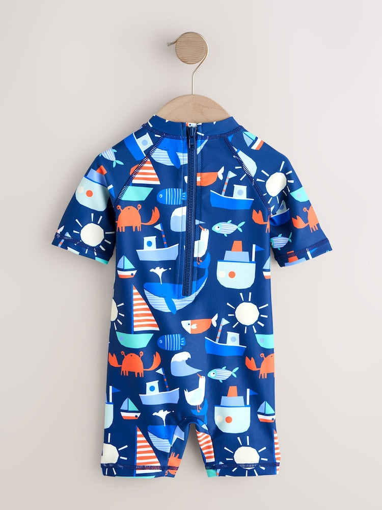 Navy Nautical Sunsafe All-In-One Swimsuit (3mths-7yrs) - Size 3-6 Months (62-68cm)