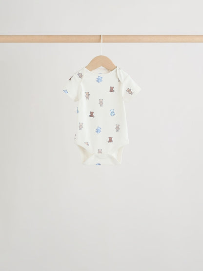 Blue/Ecru Bear Short Sleeve Baby Bodysuits 5 Pack