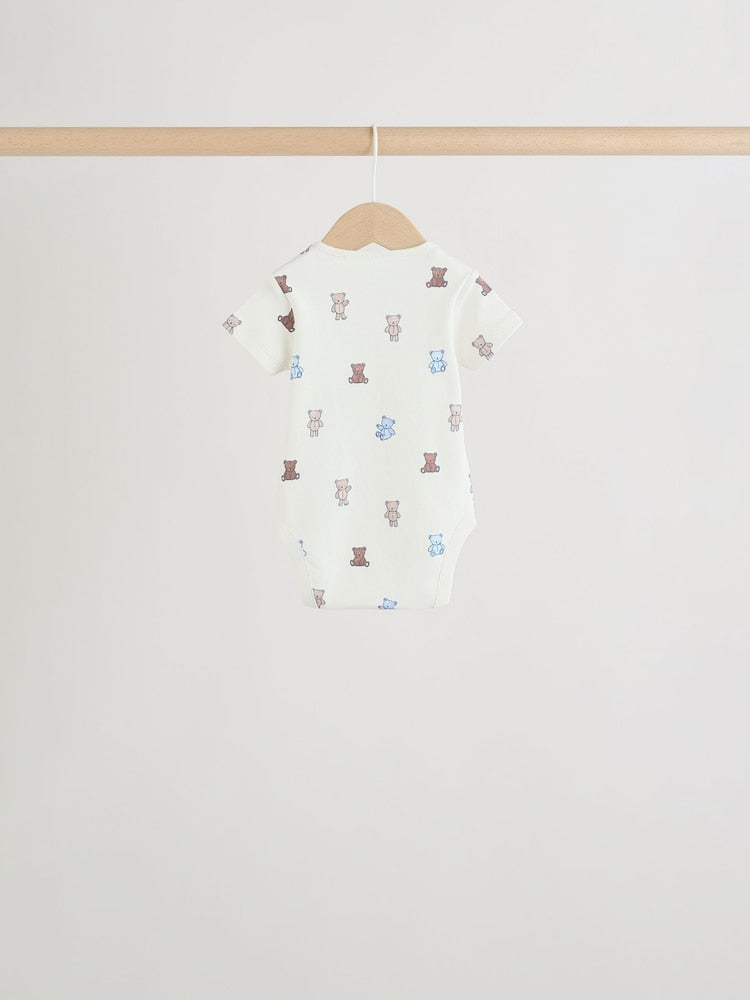 Blue/Ecru Bear Short Sleeve Baby Bodysuits 5 Pack