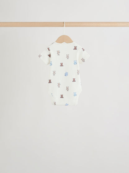 Blue/Ecru Bear Short Sleeve Baby Bodysuits 5 Pack