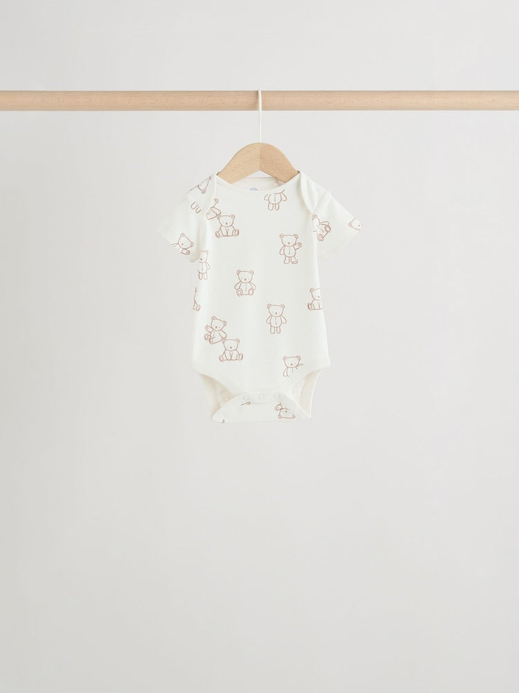 Blue/Ecru Bear Short Sleeve Baby Bodysuits 5 Pack