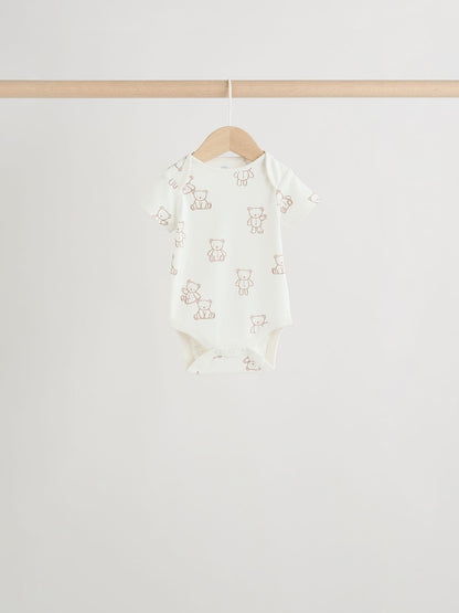 Blue/Ecru Bear Short Sleeve Baby Bodysuits 5 Pack