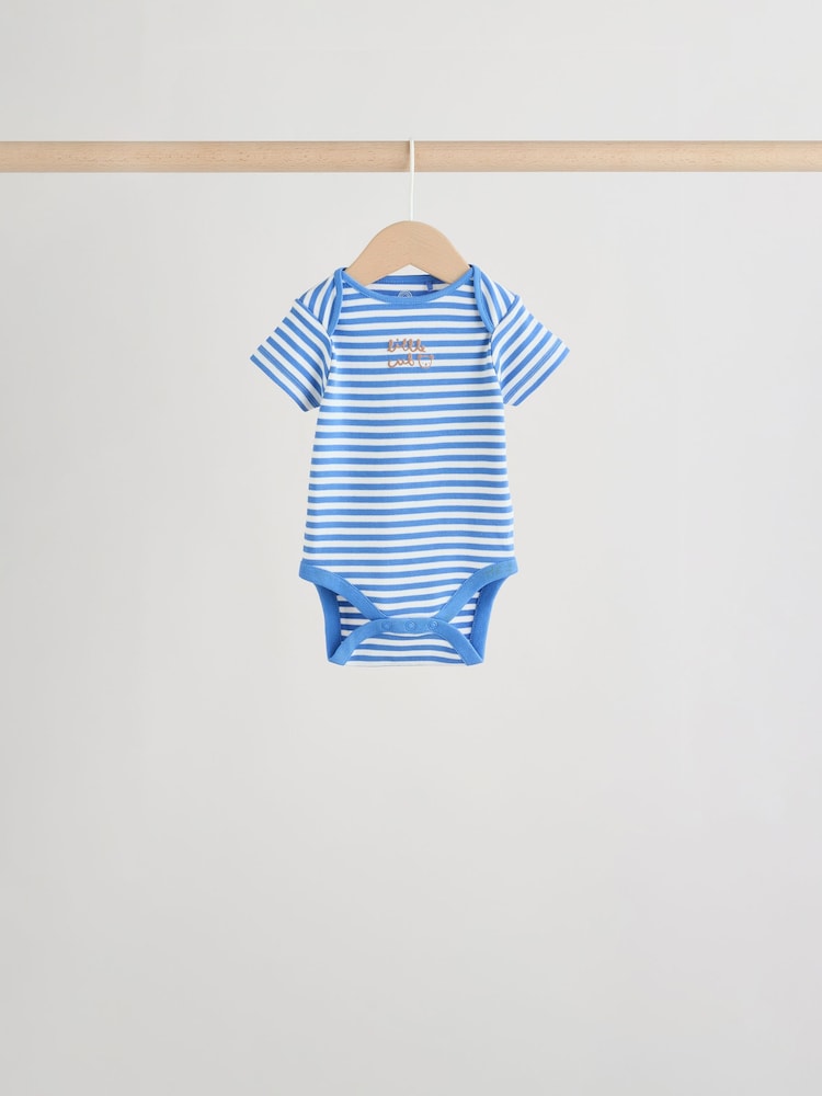 Blue/Ecru Bear Short Sleeve Baby Bodysuits 5 Pack