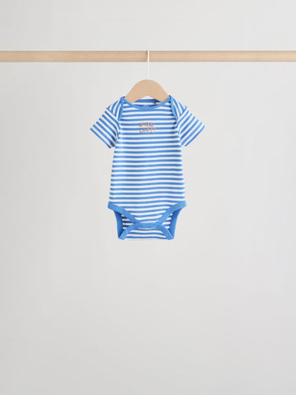 Blue/Ecru Bear Short Sleeve Baby Bodysuits 5 Pack