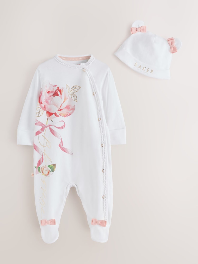 Baker by Ted Baker Flower Placement White Sleepsuit &amp; Hat Set - Flower Placement White / Up To 3 Months (50 - 62cm)