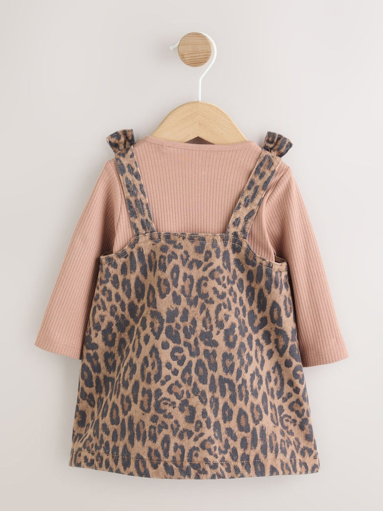 Leopard Print Pinafore Long Sleeve Bodysuit &amp; Tights 3 Piece Set (0mths-2yrs)