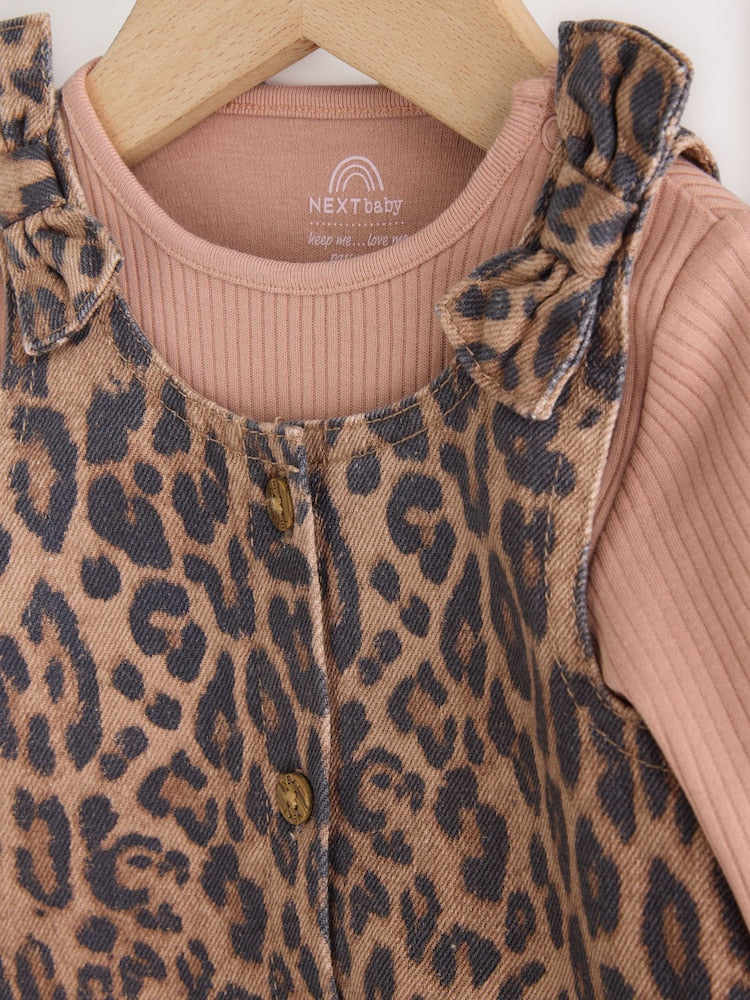 Leopard Print Pinafore Long Sleeve Bodysuit &amp; Tights 3 Piece Set (0mths-2yrs)