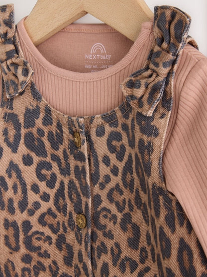 Leopard Print Pinafore Long Sleeve Bodysuit &amp; Tights 3 Piece Set (0mths-2yrs) - Size 50cm (First Size)