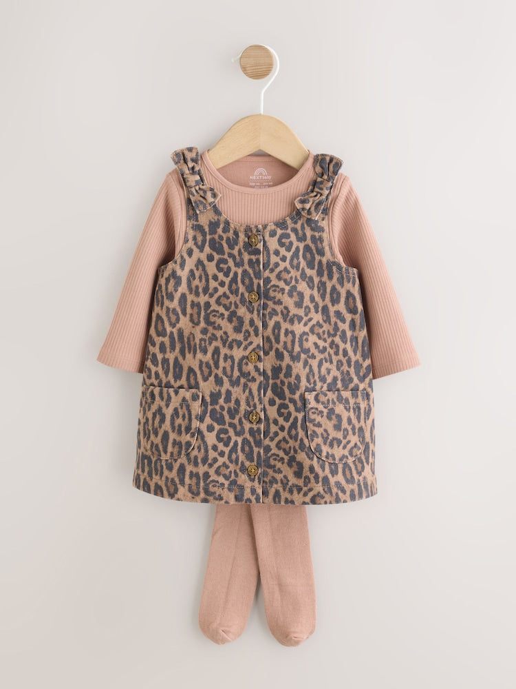 Leopard Print Pinafore Long Sleeve Bodysuit &amp; Tights 3 Piece Set (0mths-2yrs)