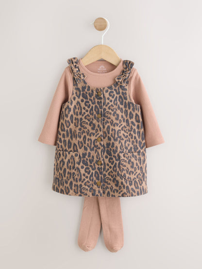 Leopard Print Pinafore Long Sleeve Bodysuit &amp; Tights 3 Piece Set (0mths-2yrs) - Size 50cm (First Size) - Default 1