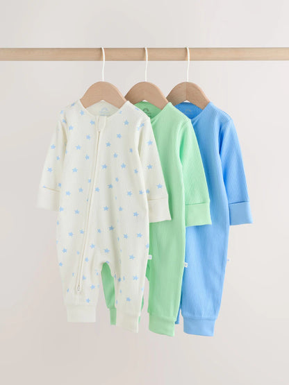 Blue/Green Star Way Zip Baby Sleepsuits 3 Pack (0mths-3yrs)
