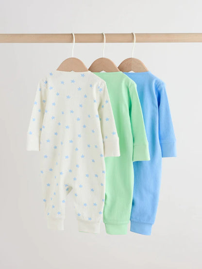 Blue/Green Star Way Zip Baby Sleepsuits 3 Pack (0mths-3yrs)